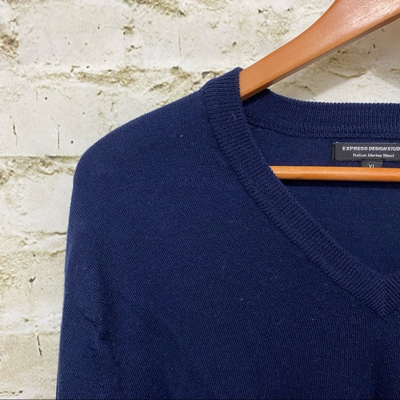 Express Navy Blue Italian Merino Wool V Neck Sweater - Picture 2 of 5